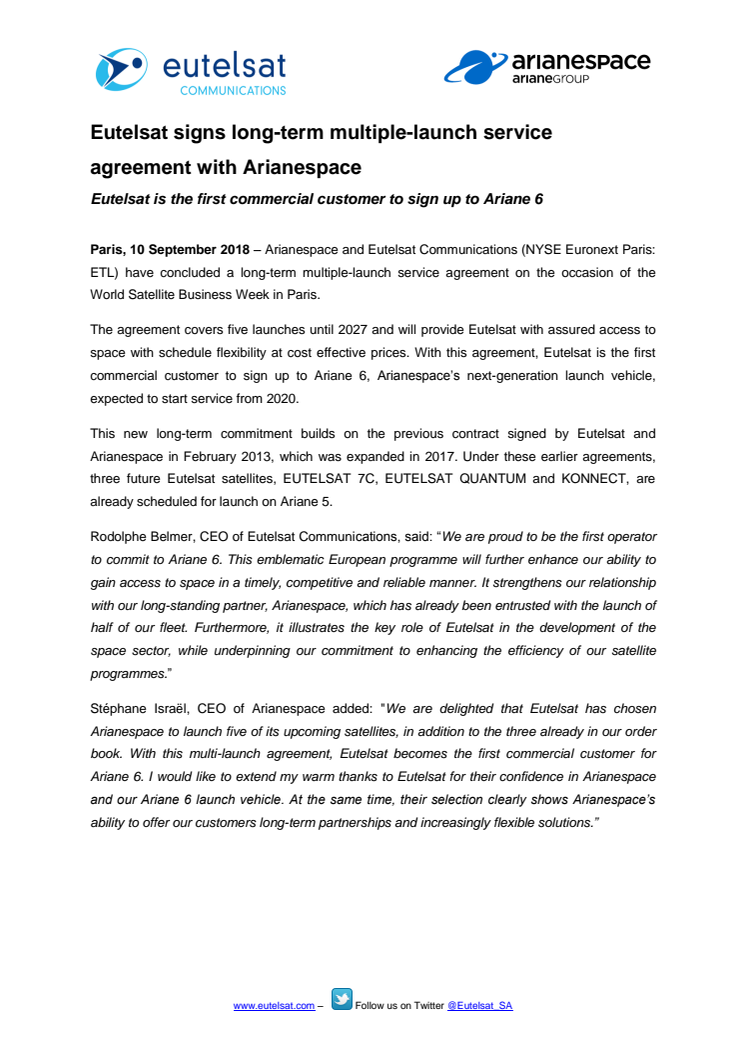 Eutelsat signs long-term multiple-launch service agreement with Arianespace 