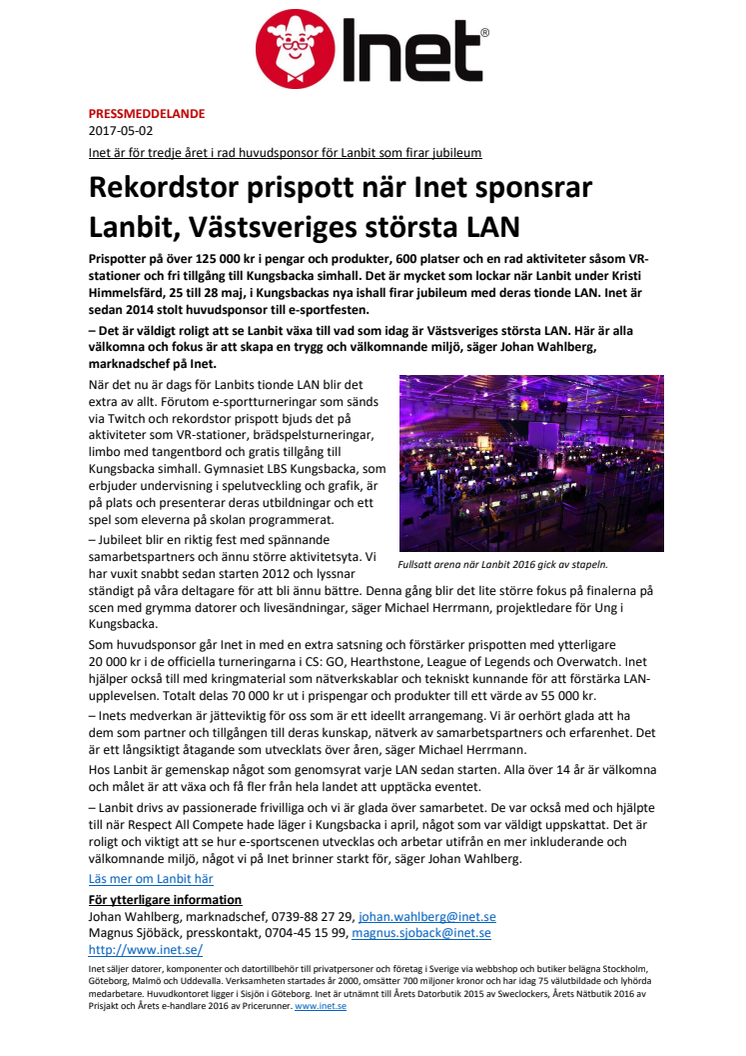 Rekordstor prispott när Inet sponsrar Lanbit, Västsveriges största LAN