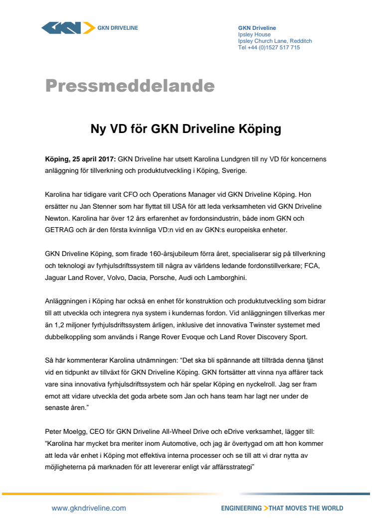 Ny VD på GKN Driveline Köping AB