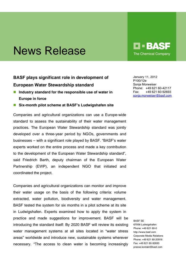 BASF spelar betydande roll i utvecklingen av standard för European Water Stewardship