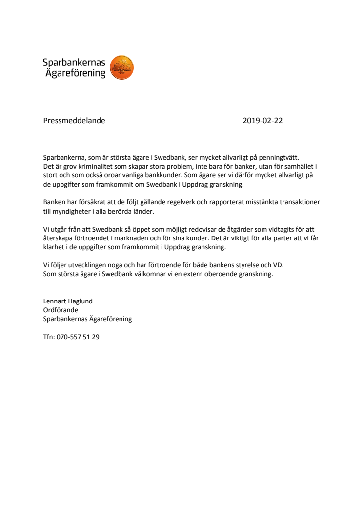 Sparbankernas Ägareförenings uttalande med anledning av misstänkt penningtvätt i Swedbank