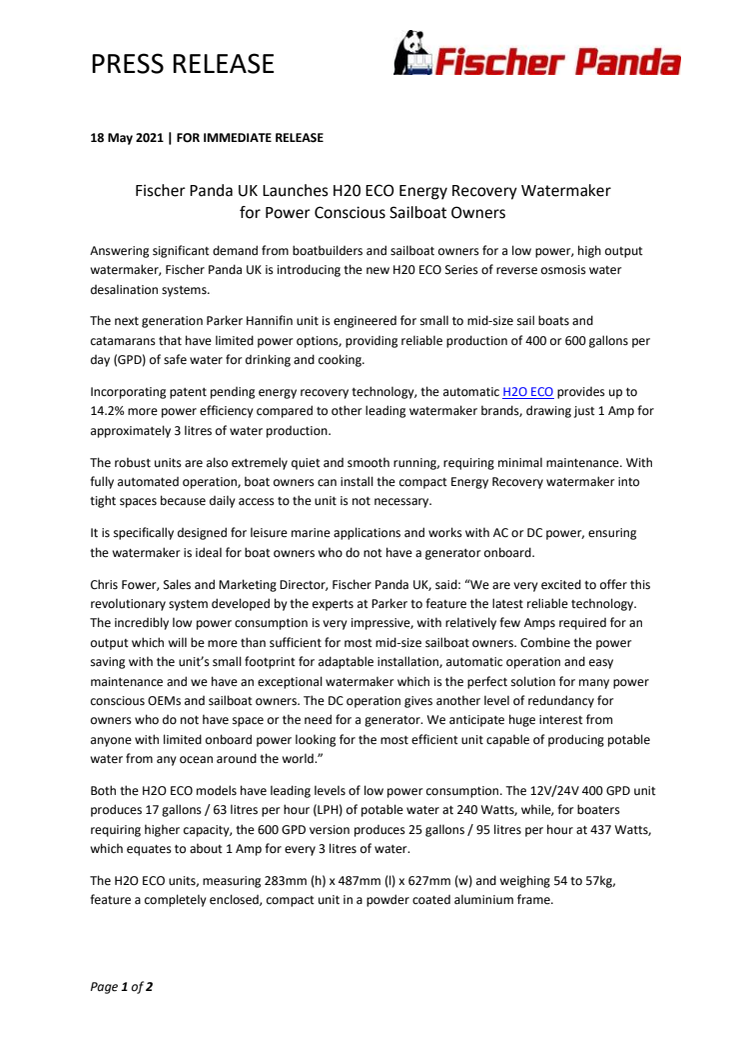 Fischer Panda UK Launches H20 ECO Watermaker