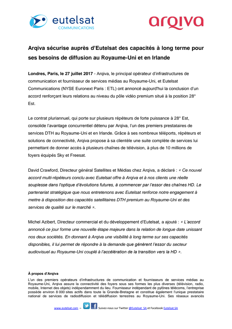 Arqiva sécurise auprès d’Eutelsat des capacités à long terme pour ses besoins de diffusion au Royaume-Uni et en Irlande