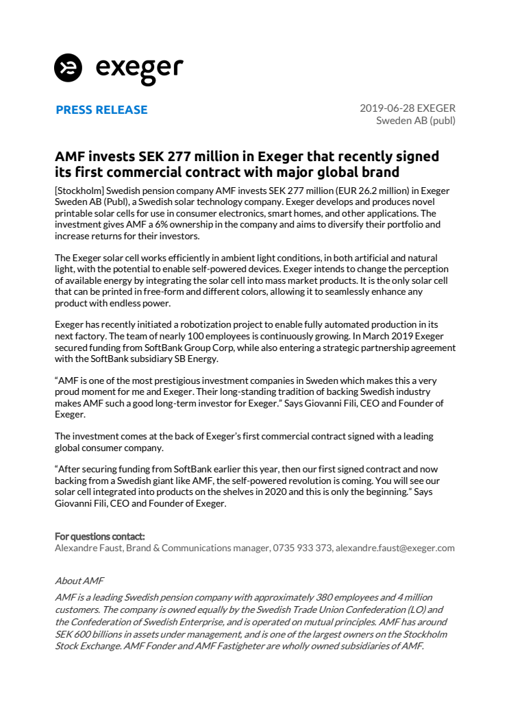 AMF invests SEK 277 million in Exeger that recently signed its first commercial contract with major global brand