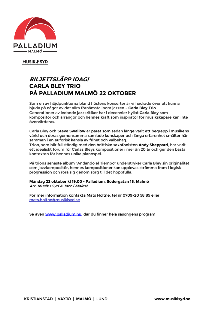 Biljettsläpp idag – Carla Bley Trio på Palladium Malmö 22 oktober