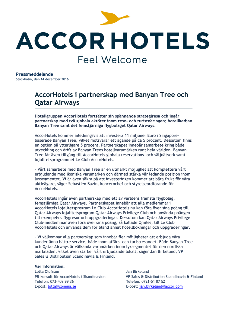 AccorHotels i partnerskap med Banyan Tree och Qatar Airways