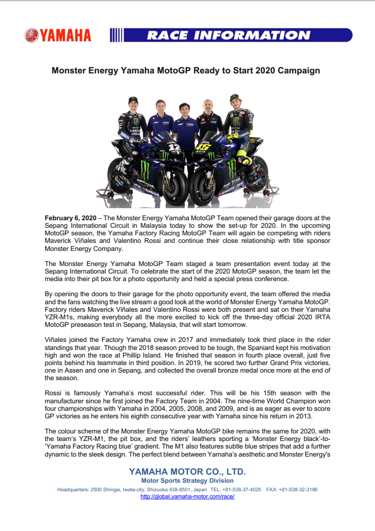 Monster Energy Yamaha MotoGP Ready to Start 2020 Campaign