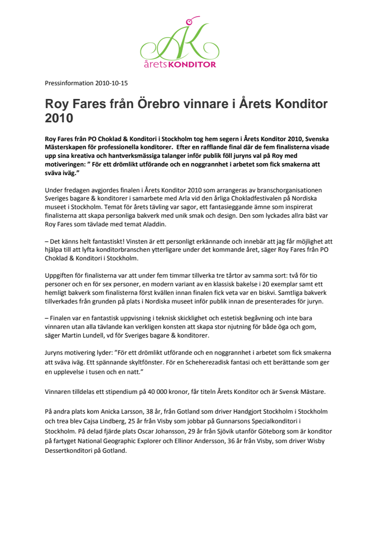 Roy Fares från Örebro vinnare i Årets Konditor 2010