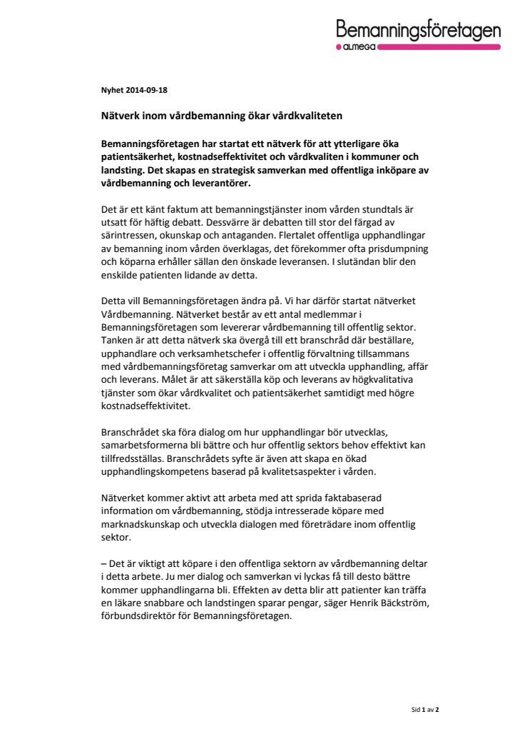 Nätverk inom vårdbemanning ökar vårdkvaliteten