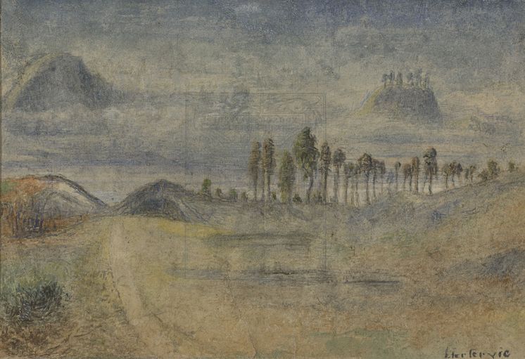 Lars Hertervig, Landskap, udatert, Akvarell på papir, 17,5 x 25,3 cm. 