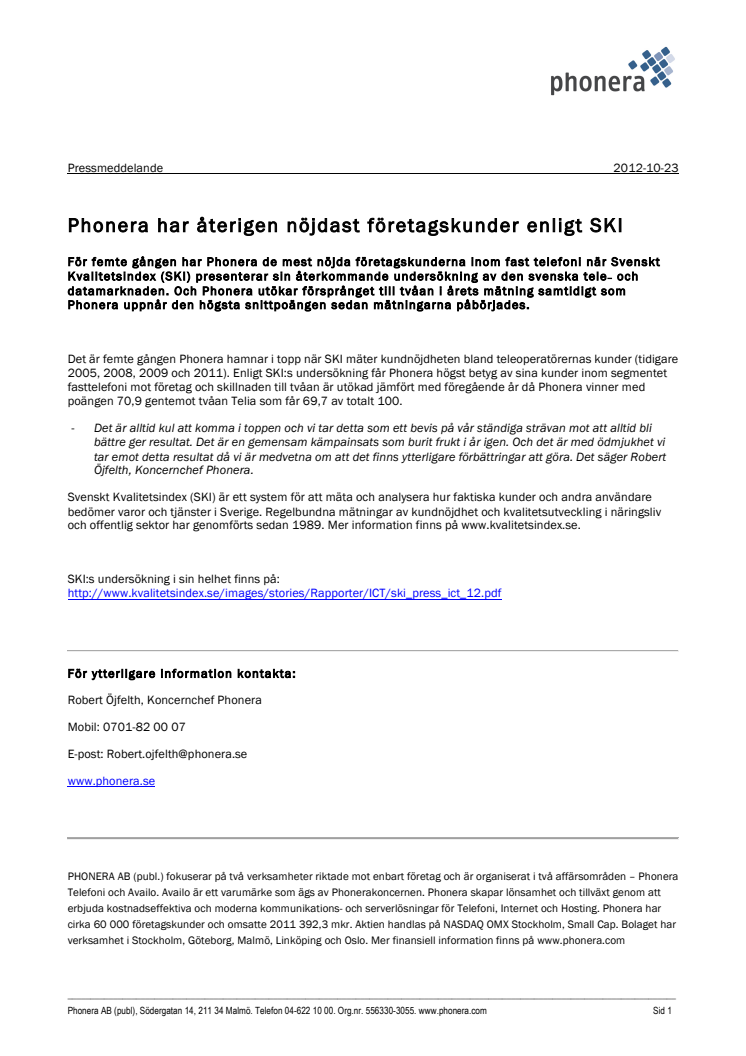 Phonera har återigen nöjdast företagskunder enligt SKI
