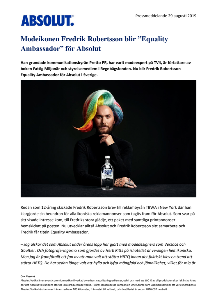 Modeikonen Fredrik Robertsson blir ”Equality Ambassador” för Absolut 