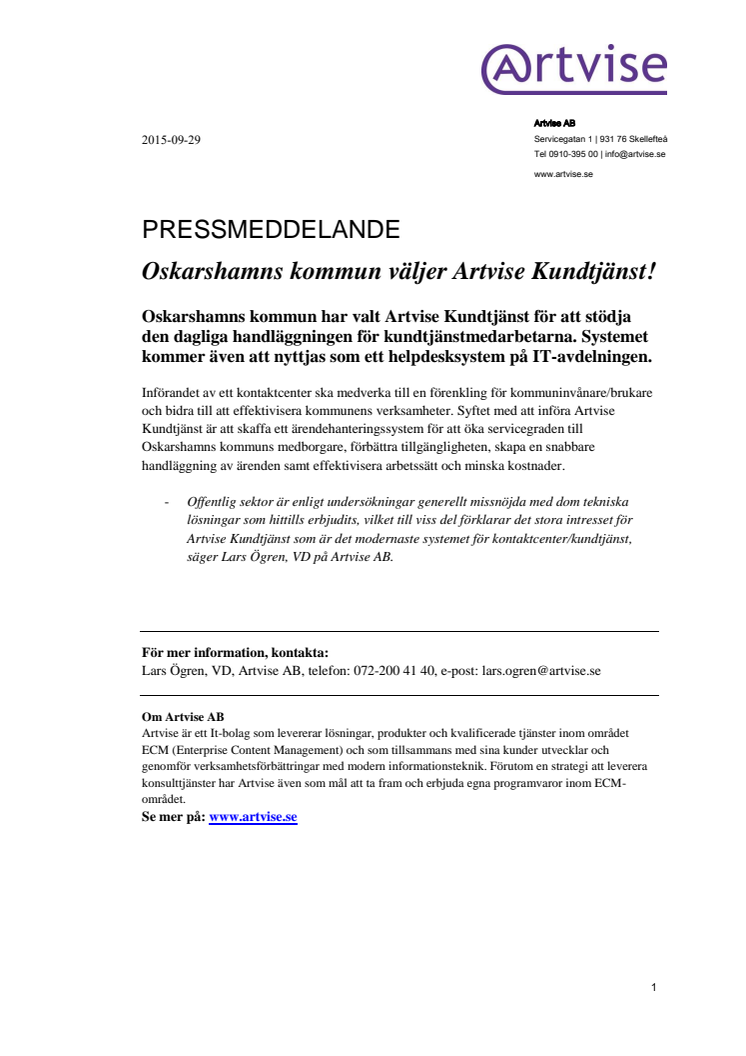 Oskarshamns kommun väljer Artvise Kundtjänst! 