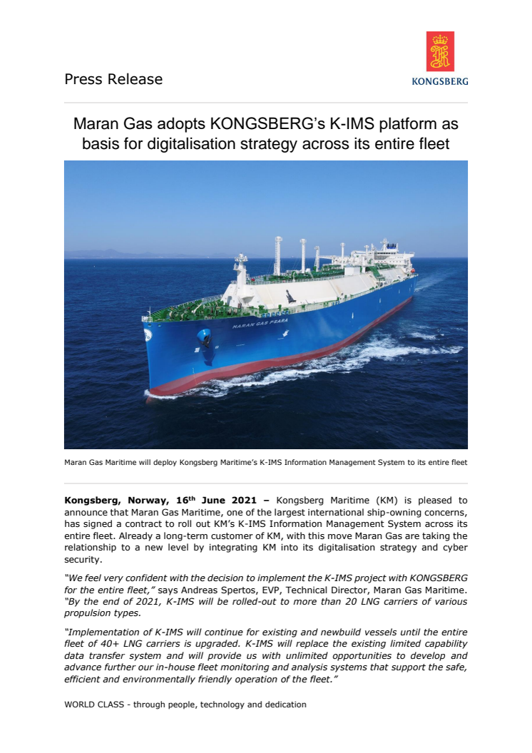 Maran Gas adopts KONGSBERG’s K-IMS platform as basis for digitalisation strategy across its entire fleet