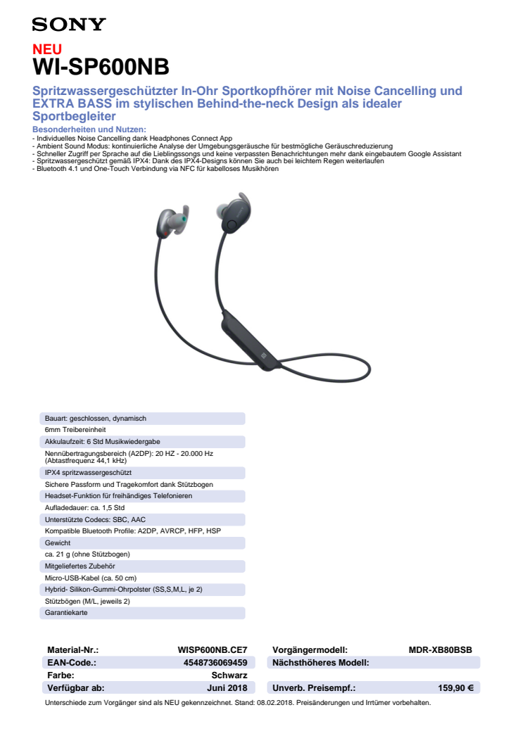 Datenblatt Kopfhörer WI-SP600N von Sony