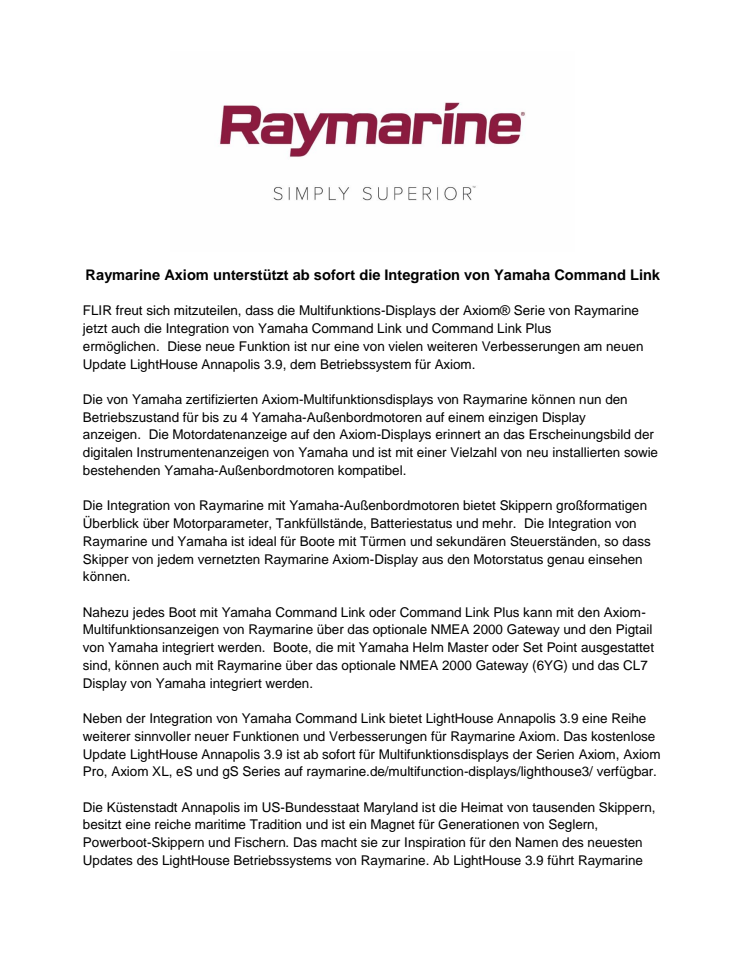 Raymarine Axiom unterstützt ab sofort die Integration von Yamaha Command Link