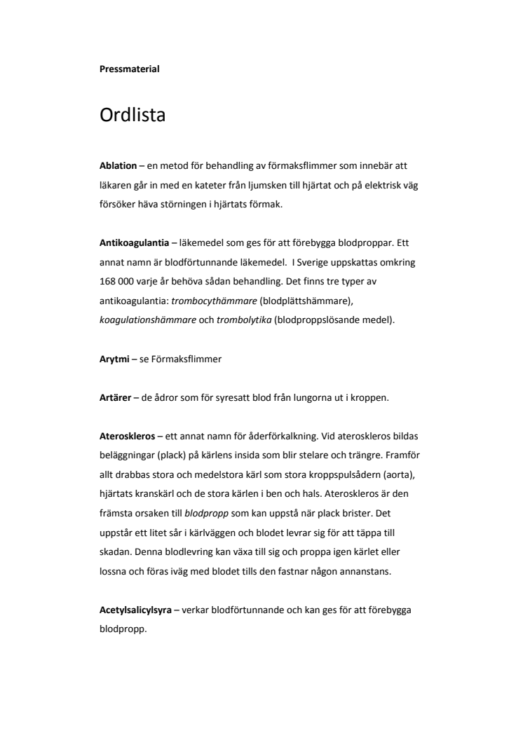 Ordlista - Förmaksflimmer och stroke från A till Ö