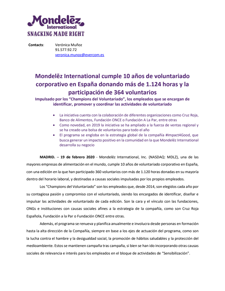 Mondelēz International cumple 10 años de voluntariado corporativo en España donando más de 1.124 horas y la participación de 364 voluntarios