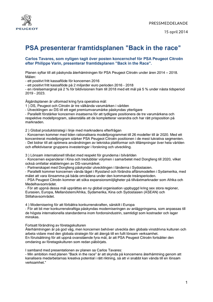 PSA presenterar framtidsplanen "Back in the race"