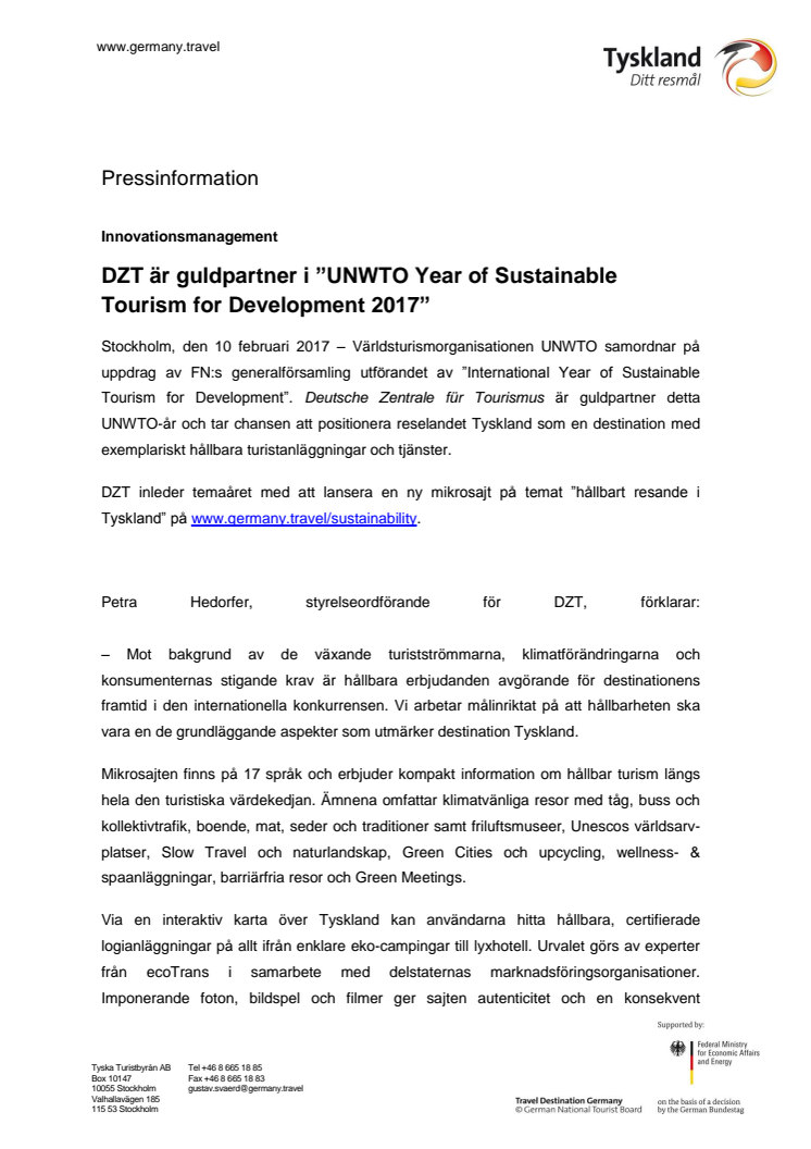 DZT guldpartner i ”UNWTO Year of Sustainable Tourism for Development 2017”