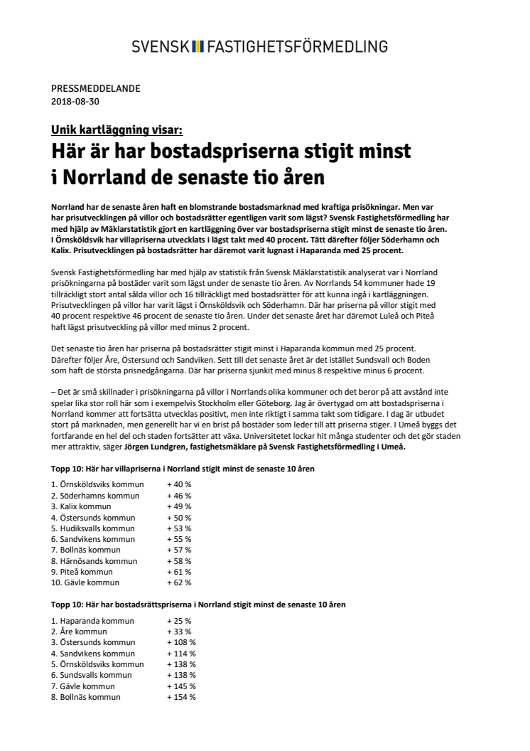 Unik kartläggning visar: Här är har bostadspriserna stigit minst  i Norrland de senaste tio åren