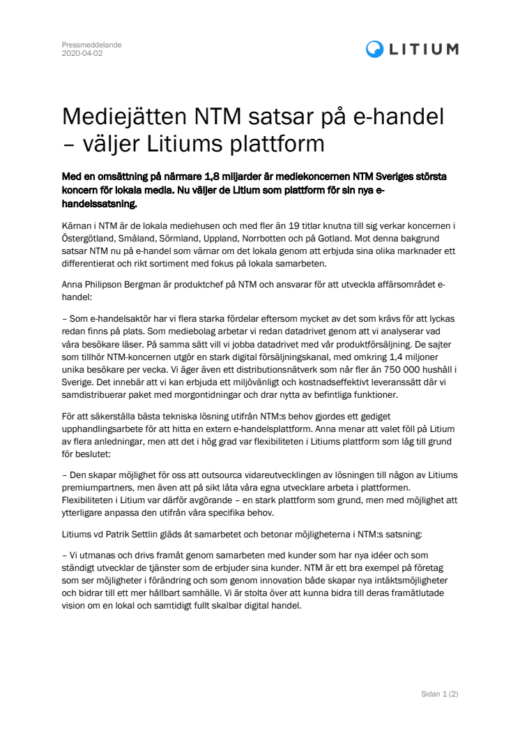 Mediejätten NTM satsar på e-handel – väljer Litiums plattform