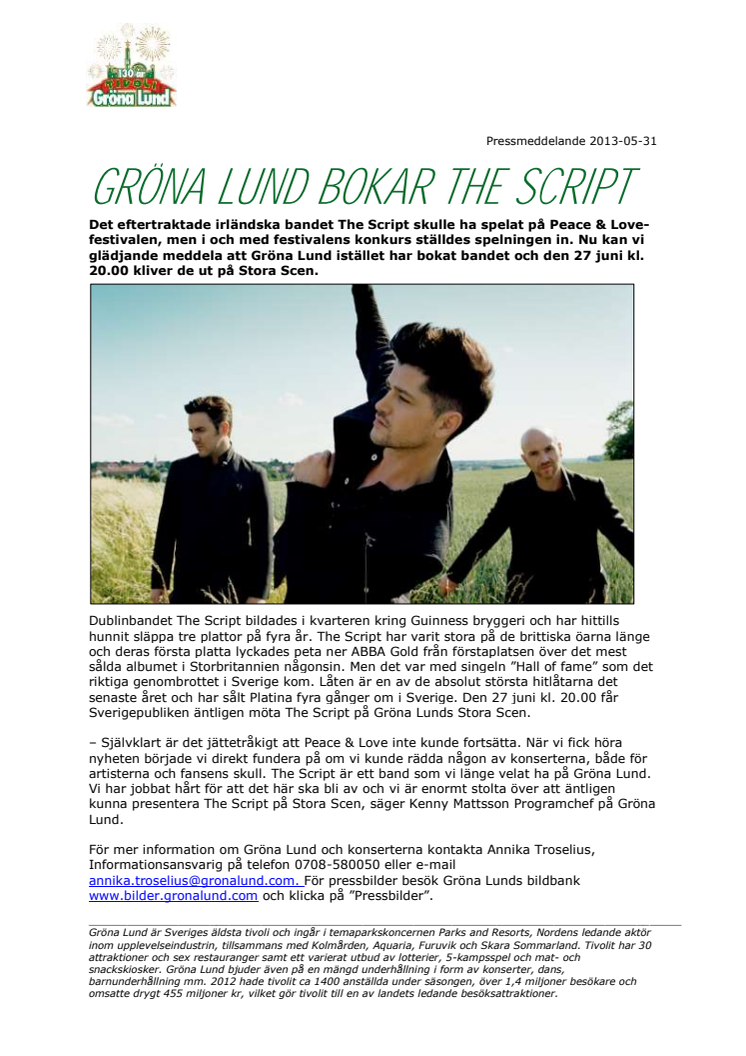 Gröna Lund bokar The Script