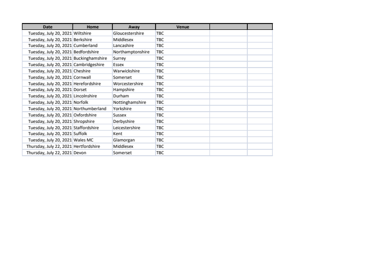 2021 National County fixtures