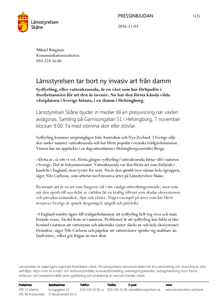 Länsstyrelsen tar bort ny invasiv art från skånsk damm
