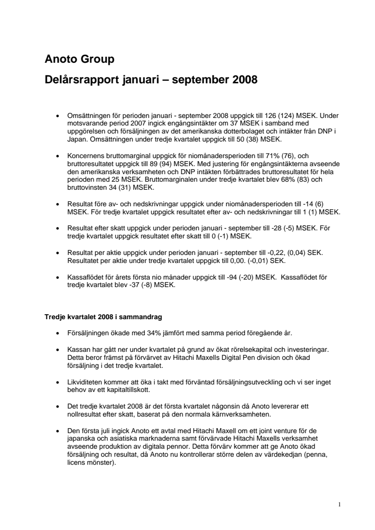 Delårsrapport januari - september 2008