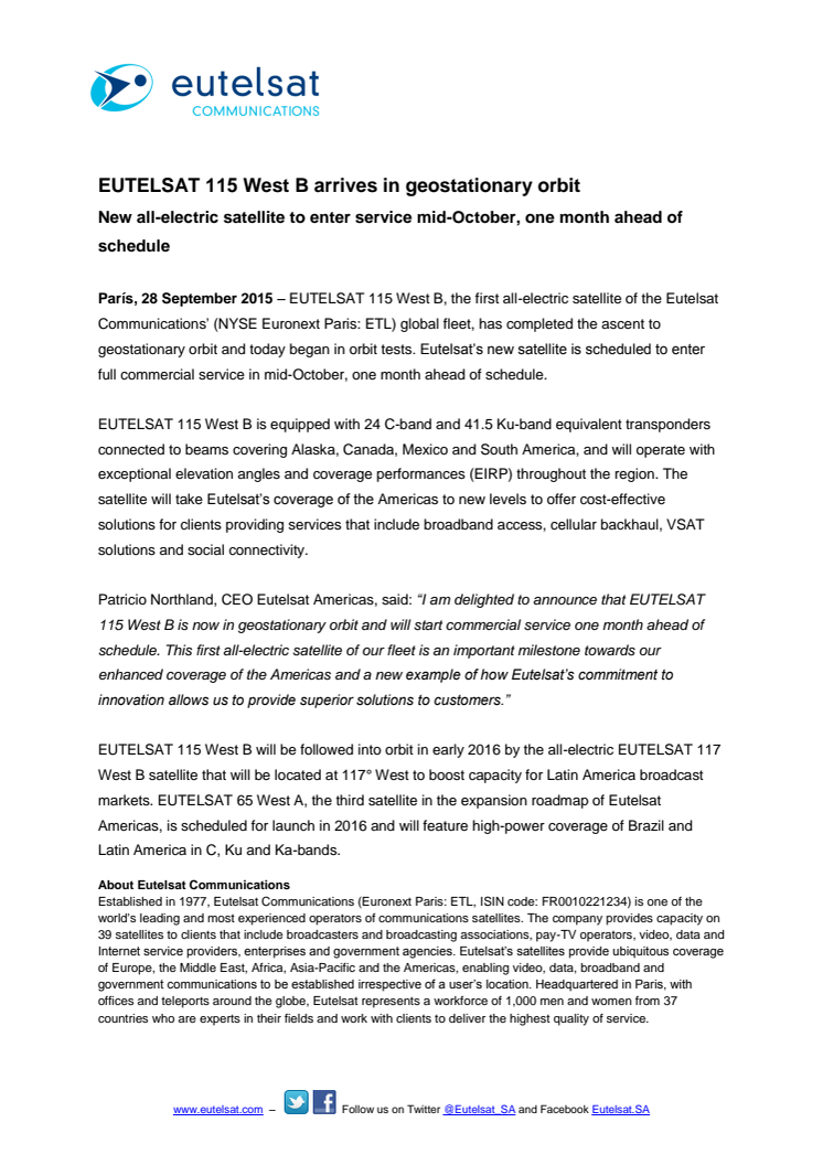 EUTELSAT 115 West B arrives in geostationary orbit 