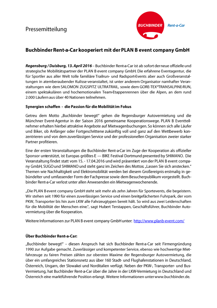 Buchbinder Rent-a-Car kooperiert mit der PLAN B event company GmbH