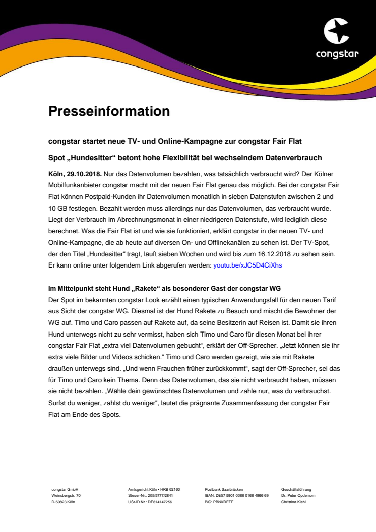 congstar startet neue TV- und Online-Kampagne zur congstar Fair Flat