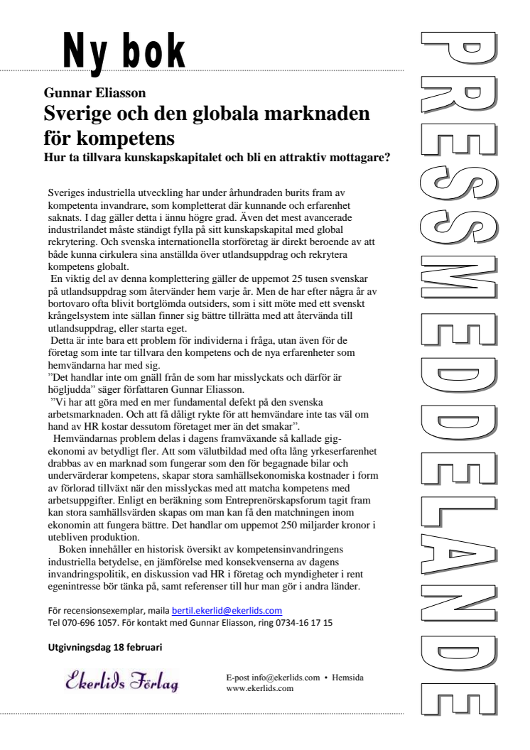 Ny bok: Sverige och den globala marknaden för kompetens av Gunnar Eliasson