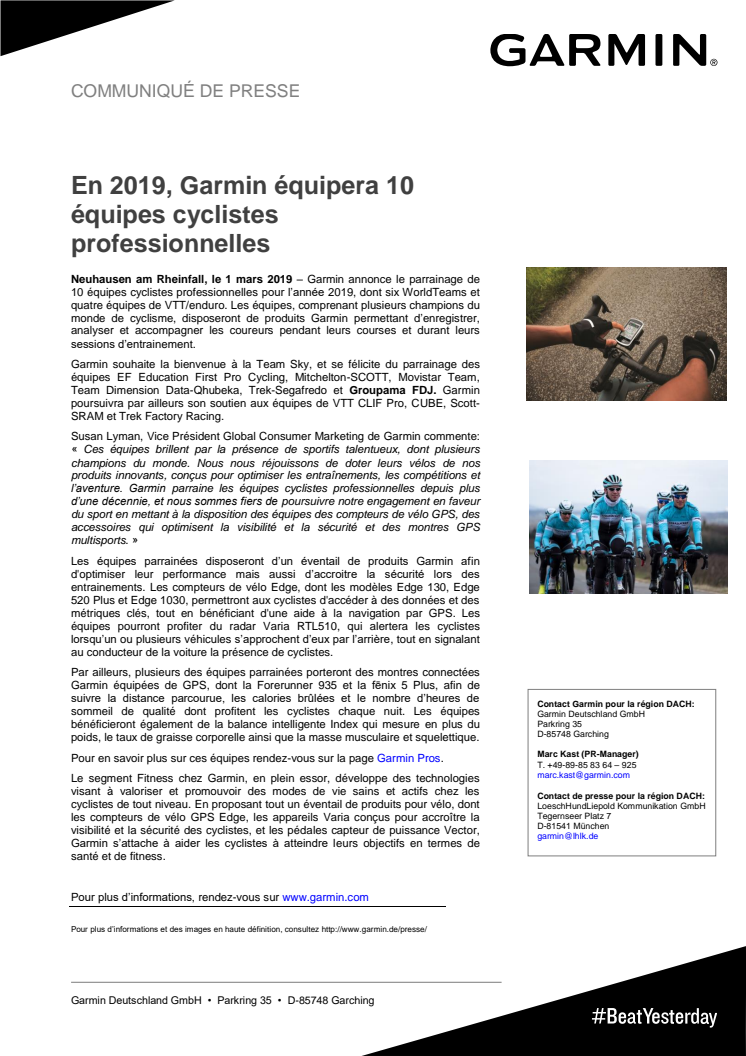 En 2019, Garmin équipera 10 équipes cyclistes professionnelles