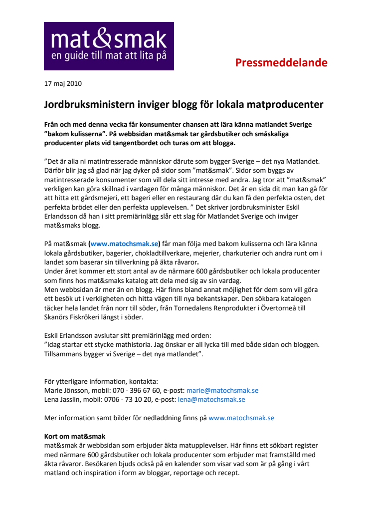 Jordbruksministern inviger blogg för lokala matproducenter