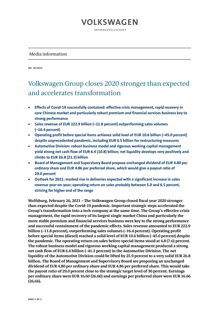 Volkswagen-koncernen avslutade 2020 starkare än förväntat och påskyndar omställningen