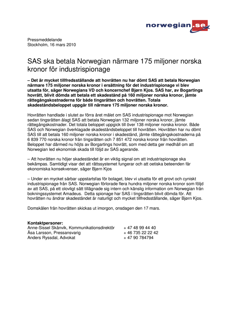 SAS ska betala Norwegian närmare 175 miljoner norska kronor för industrispionage