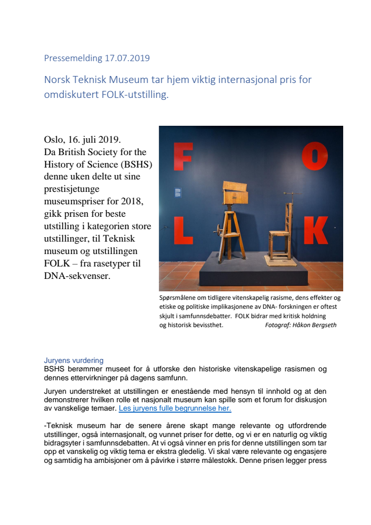 Norsk Teknisk Museum tar hjem viktig internasjonal pris for omdiskutert FOLK-utstilling