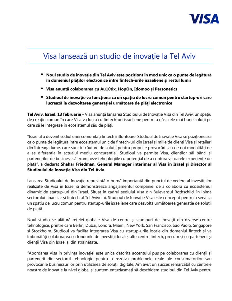 Visa lansează un studio de inovație la Tel Aviv 