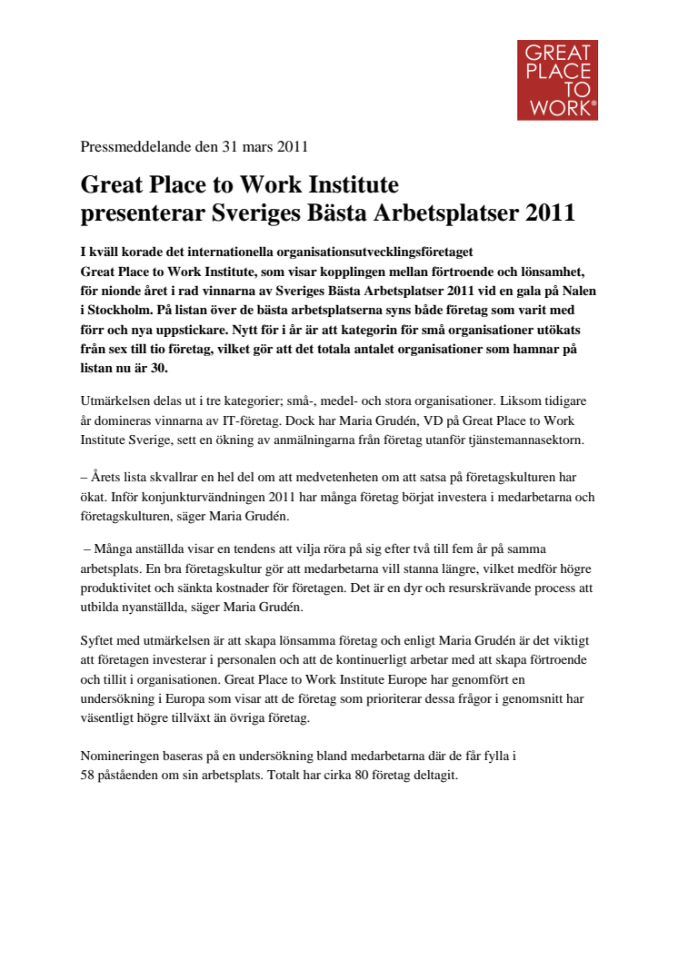 Great Place to Work Institute presenterar Sveriges Bästa Arbetsplatser 2011