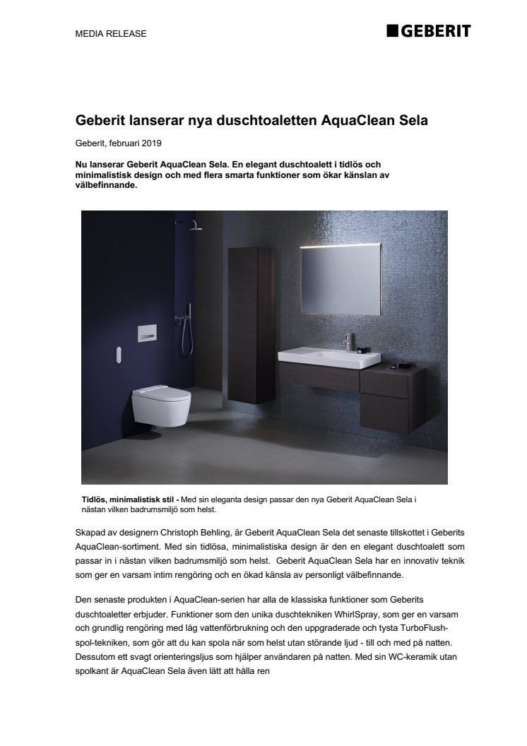 Geberit lanserar nya duschtoaletten AquaClean Sela 