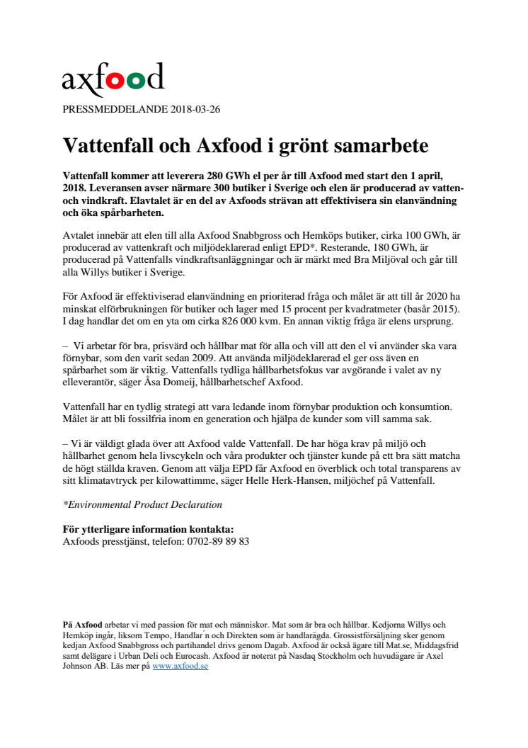 Vattenfall och Axfood i grönt samarbete