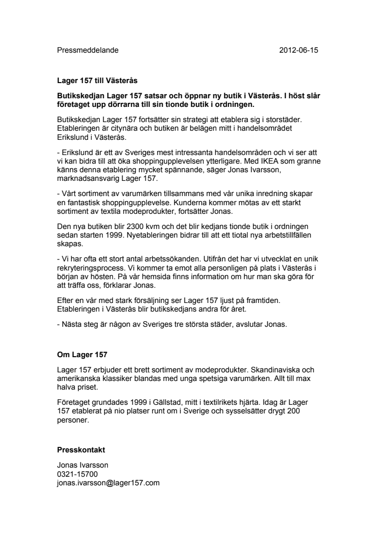 Lager 157 till Västerås