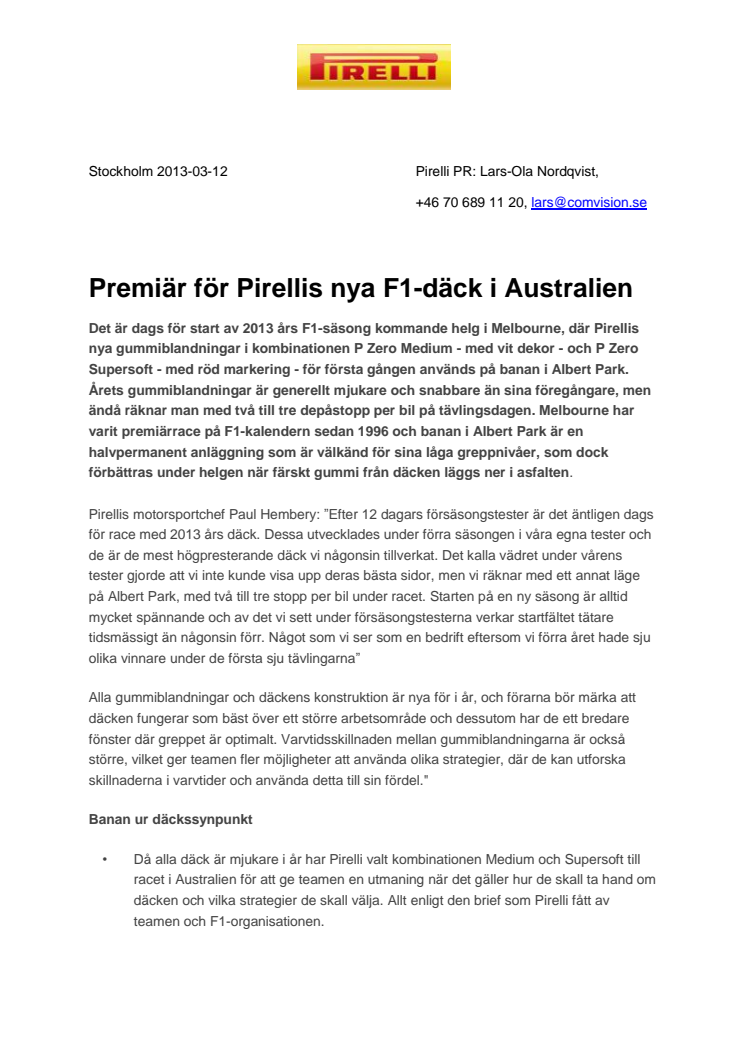 Premiär för Pirellis nya F1-däck i Australien