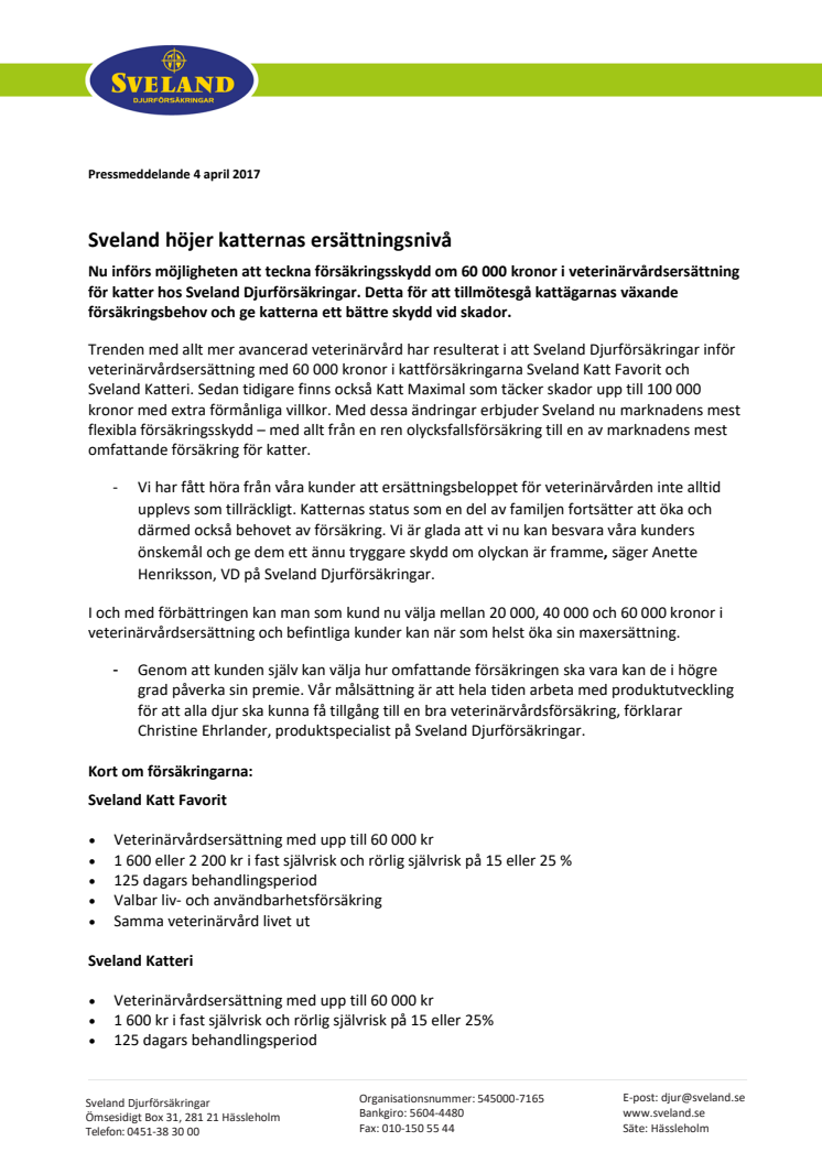 ​​Sveland höjer katternas ersättningsnivå 
