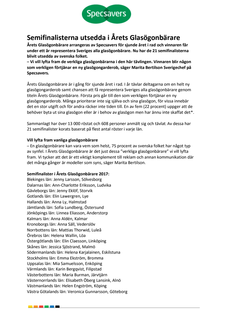 Semifinalisterna utsedda i Årets Glasögonbärare 2017