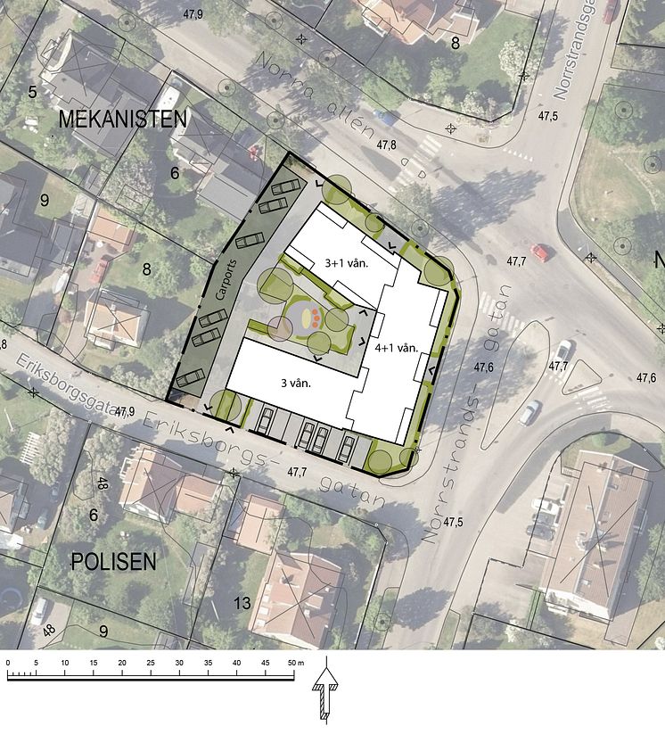 Norrstrand - skiss över placering av hus