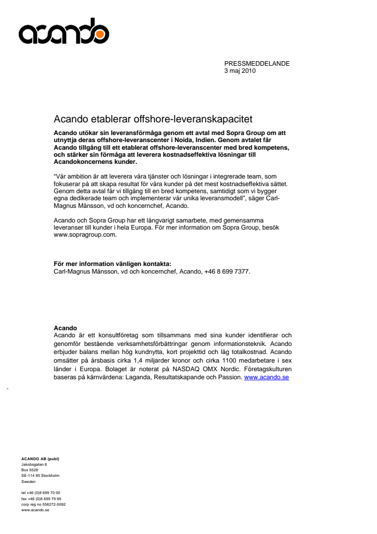 Acando etablerar offshore-leveranskapacitet
