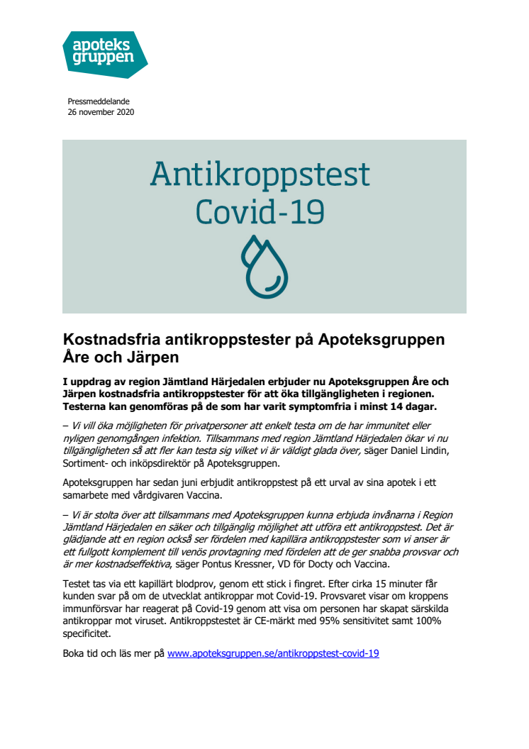 Kostnadsfria antikroppstester på Apoteksgruppen Åre och Järpen